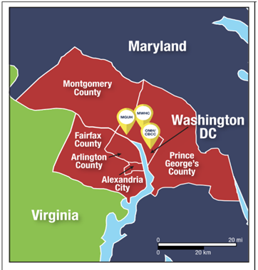Washington, DC area map showing DC, Maryland and Virginia.
